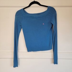 Glimmer Blue Cable Knit Sweater with Pink Trim